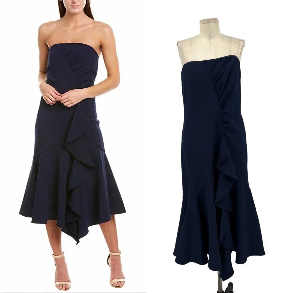 Shoshanna Levanzo Strapless Ruffle Midi‎ Dress Navy Blue Size 12